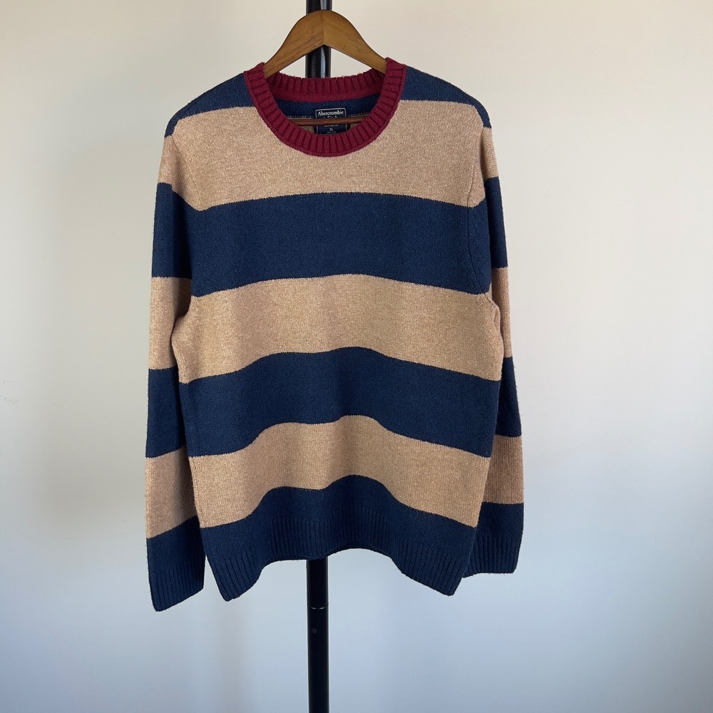 Abercrombie & Fitch Mens XL Heavyweight Striped Crewneck Sweater Navy Tan XL - Picture 10 of 11